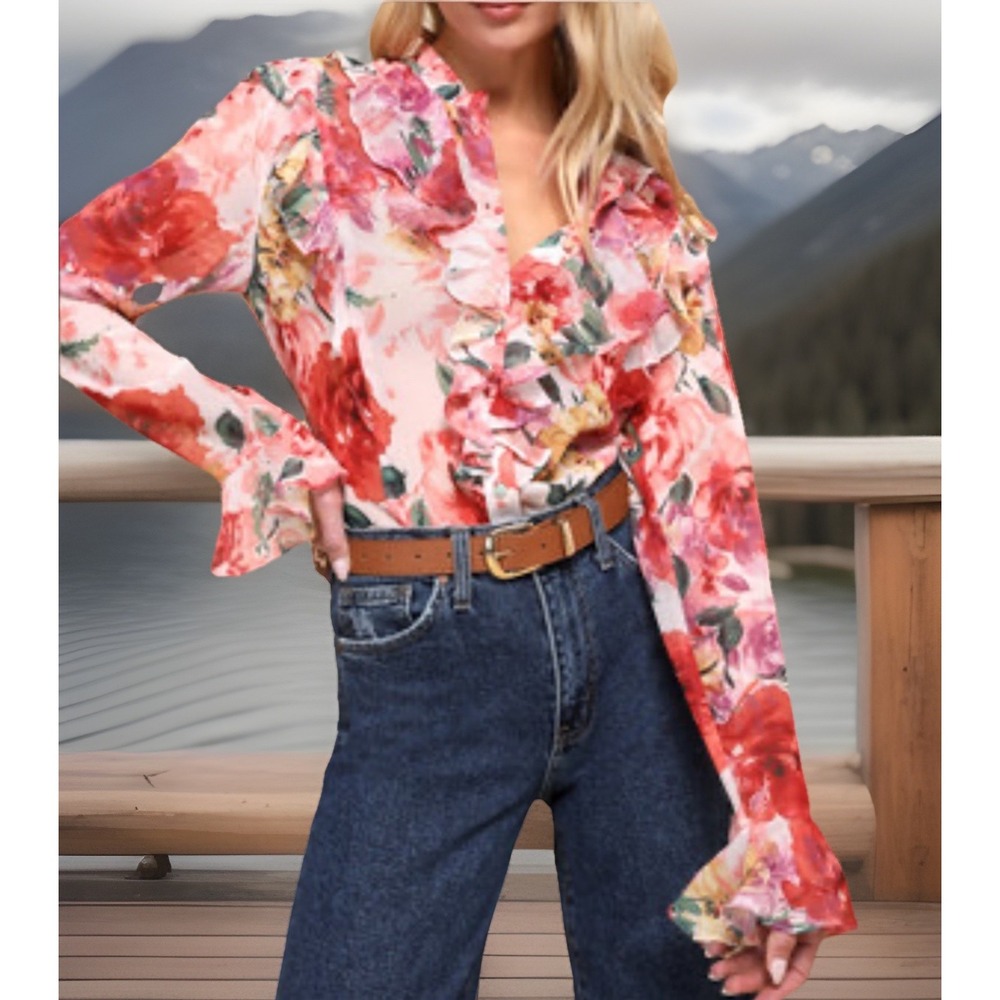 New Lulus Women S Flourishing Babe Pink Floral Ruffled Long Sleeve Button-Up Top
